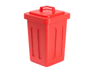 A red trash can icon with a lid and handle against a black backdrop