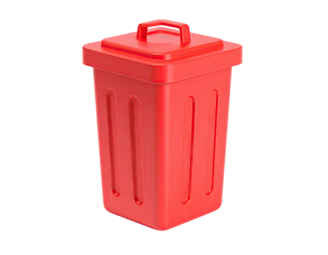 A red trash can icon with a lid and handle against a black backdrop