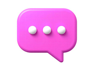 3D bubble icon of conversation in pink, with three white dots on black background