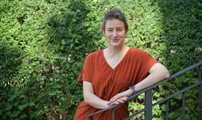 frau, natur, ausserhalb, sommer, leute, person, park, gras, schönheit, lächelnd, heranwachsender,...