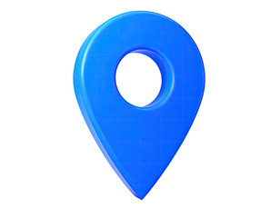 A glossy blue pin icon, translucent, with a dark center and a black background