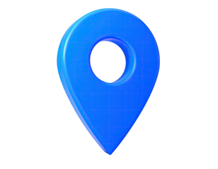 A glossy blue pin icon, translucent, with a dark center and a black background
