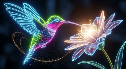 Vibrant neon hummingbird feeds on glowing flower in dreamlike digital art