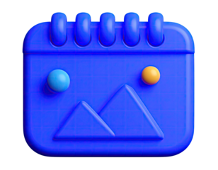 A vibrant blue 3D calendar icon with image placeholder and spheres