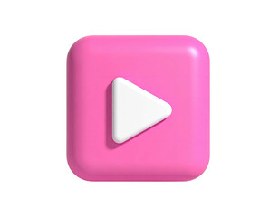 Glossy pink square button with white triangle, on black background, 3D rendered