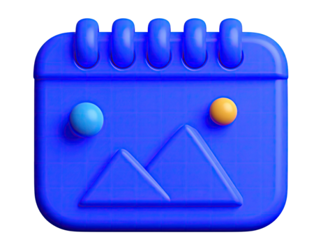 A vibrant blue 3D calendar icon with image placeholder and spheres