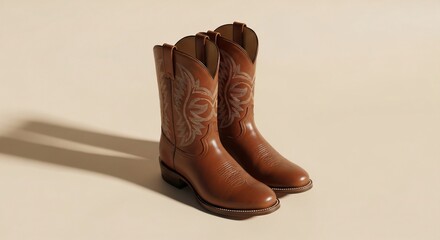 Pair of brown leather cowboy boots with decorative stitching on a beige surface.