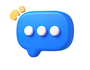 A vibrant blue speech bubble with three white dots and a golden exclamation mark
