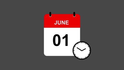 01 June Date Calendar Icon Animation. A simple, modern calendar symbol showing the date change for June 1. Perfect for daily planners, time reminders, scheduling, events, and modern UI design.