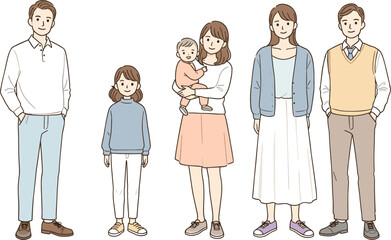 Happy multigenerational family standing together with children and baby, casual clothes, smiling faces, cartoon vector illustration, parenting, lifestyle, togetherness, family love concept