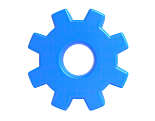 Shiny, blue gear icon with radial grid, on black background