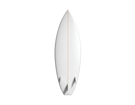 White, streamlined surfboard, viewed from above, fins visible, against black background