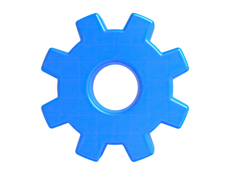 Shiny, blue gear icon with radial grid, on black background