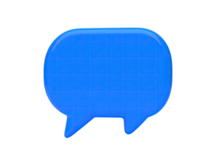 A vibrant blue, glossy speech bubble, slightly 3D against a stark black background