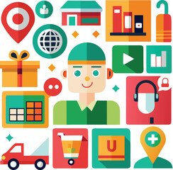 Modern flat design icons for digital commerce and services including shopping cart delivery and global connectivity abstract elements.