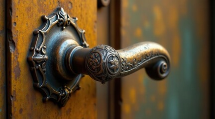 Intricate Ornate Door Handle on Aged Metallic Surface, Showing Detailed Craftsmanship and Patina