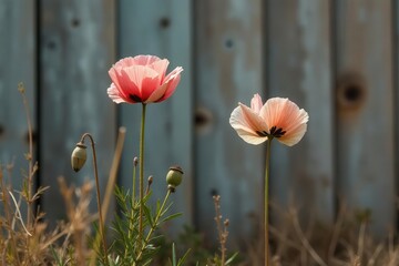 Delicate peach blossoms stand tall against a weathered backdrop, exhibiting the resilience of nature's artistry in a serene display of botanical elegance