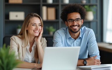 Happy confident professional mature business woman and young business man corporate managers colleagues sitting in office with laptop, two diverse colleagues executives team together, portrait.