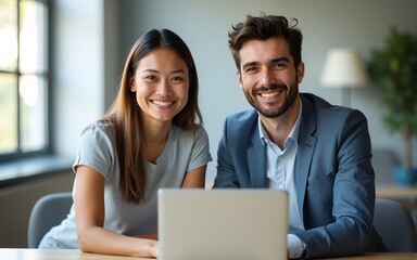 Happy confident professional mature business woman and young business man corporate managers colleagues sitting in office with laptop, two diverse colleagues executives team together, portrait.
