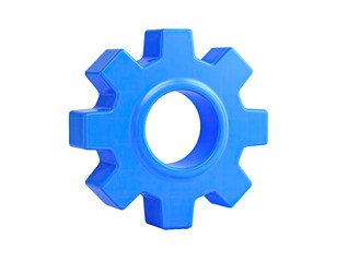 A 3D rendered, glossy, blue gear floating against a solid black backdrop