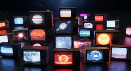 Retro television sets displaying planets and space scenes vintage tv media broadcast concept art