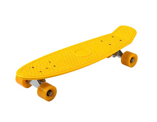Bright yellow skateboard with orange wheels, isolated on black. High-angle shot