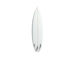 A streamlined white surfboard, showcasing four fins, centered against a stark black backdrop