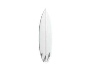 A streamlined white surfboard, showcasing four fins, centered against a stark black backdrop