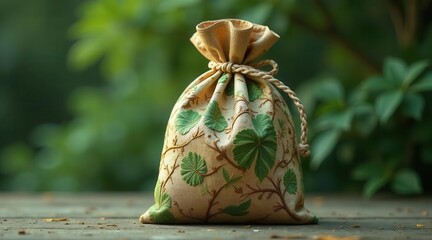 A delicately embroidered drawstring pouch rests on weathered wood, nestled amongst a blurred backdrop of lush green foliage.