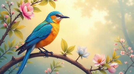 Serene avian perched on blossoming branch, vibrant plumage against soft pastel flowers, idyllic springtime scene