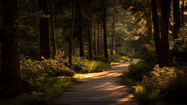 Winding path through a sunlit forest, with tall trees casting shadows and creating a sense of depth, natural light filtering through the foliage illuminates the trail and surrounding undergrowth,...
