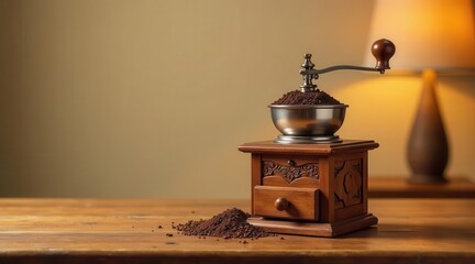 A vintage wooden coffee grinder sits on a rustic table, freshly ground coffee beans spilled nearby, illuminated by soft lamplight creating a warm, inviting atmosphere.