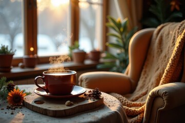 Warmth, comfort, and a steaming mug of something delicious on a cozy autumn afternoon, near a sunlit window, in a relaxing armchair