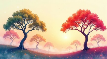 Serene Sunset Landscape Featuring Two Majestic Trees with Contrasting Autumnal Hues on a Gentle Hillside