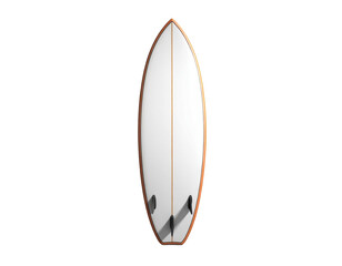 Overhead shot of a white surfboard with fins, a light-brown border on black
