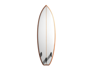 Overhead shot of a white surfboard with fins, a light-brown border on black