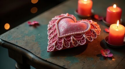 Romantic ambiance featuring a delicately decorated heart-shaped confection, surrounded by softly glowing candles and scattered petals on an aged wooden surface.