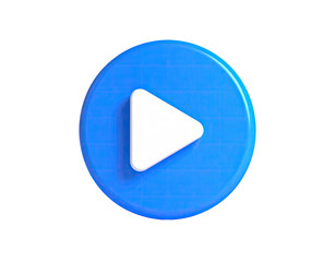 3D rendered vibrant blue button with a white play icon, isolated on black