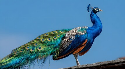 Obraz premium Majestic peacock displays vibrant plumage, showcasing iridescent feathers in shades of green and blue with intricate patterns, standing proudly against a bright, clear azure sky, embodying natural...