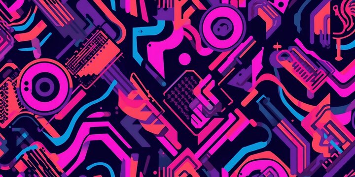 Abstract geometric pattern with vibrant pink purple orange and turquoise shapes on a dark background