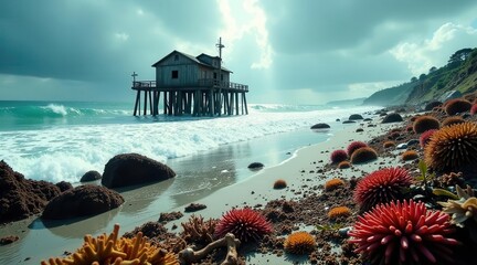 Oceanside Structure and Vibrant Sea Life on a Sandy Shore