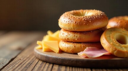A delightful stack of three savory bagels, accompanied by slices of cheese and a delicate piece of ham, all artfully arranged on a rustic wooden board.