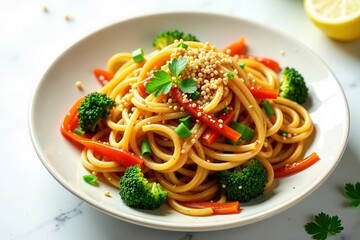 Aromatic Sesame Pasta with Roasted Vegetables and Toasted Seeds on a White Plate