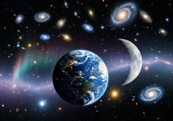 Obraz premium A cosmic scene showing Earth, moon, and distant galaxies under starlight