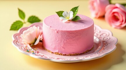 Delicate Pink Cake Adorned with a Single White Flower and Surrounding Roses on an Ornate Plate