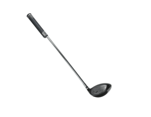 Angled close-up of a golf club, with handle on top and dark head below