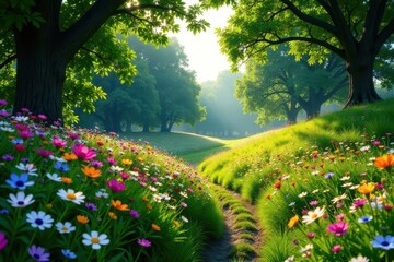 Serene Path Through a Vibrant Wildflower Meadow, Bathed in Sunlight, with Towering Lush Green Trees Forming a Natural Canopy
