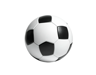 A glossy, three-dimensional soccer ball with black and white pentagon and hexagon panels