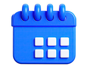 A stylized, blue 3D calendar with white day blocks, against a black background