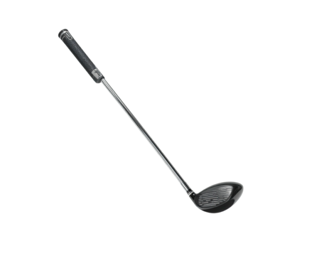 Angled close-up of a golf club, with handle on top and dark head below
